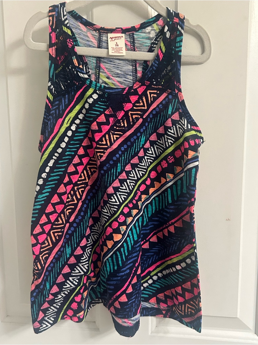 Arizona Jean Company Navy Tank Top with Neon Pink, Teal & Lime Tribal Print